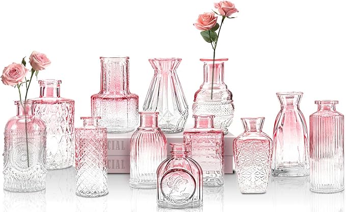 Glass Bud Vases Set of 12, 12Pcs Glass Bud Vases,Small Glass Vases for Centerpieces,Pink Vase for Flowers,Mini Vintage Flower Vase in Bulk for Rusti Wedding Home Room Office Table Decor(Pink)