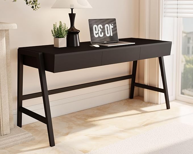 HNY 59 Inches Black Wooden Writing Desk with 3 Drawers, Computer Study Table with MDF Top, Solid Rubberwood Legs and Hidden Cable Management Holes, Corner Makeup Vanity Desk for Home Office, Bedroom
