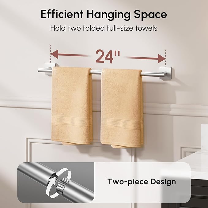 USHOWER Brushed Nickel Towel Bar, 24 Inch Towel Racks for Bathroom Wall Mounted, 304 Stainless Steel Towel Holder with Square Base, Modern Home Decor (Total Length 26 Inch)