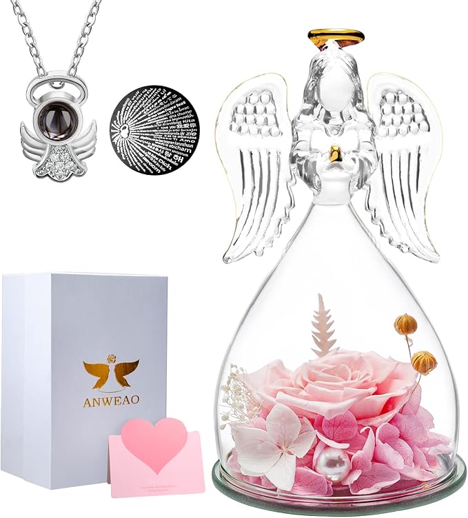 ANWEAO Christmas Flowers Gifts for Women,Mom, Preserved Real Rose with Angel Necklace,Romantic Gift for Her,Mom Birthday Gifts,Eternal Flowers Angel Gifts for Women Grandma Wife Girlfriend