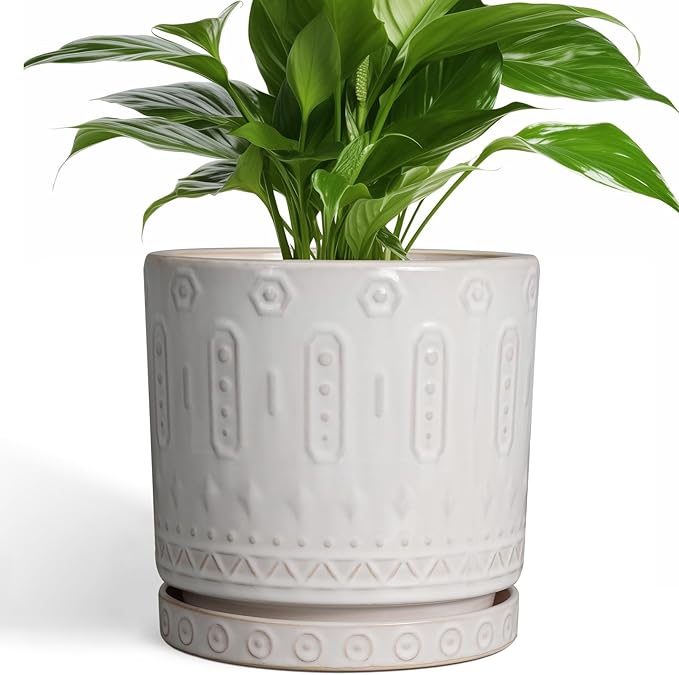 Eightpot Ceramic Planter for Indoor Plants - 8 Inch Plant Pot Outdoor Flower Pot with Drainage Holes and Saucer Modern Round Planter Succulent Pot for Home Garden Decor White