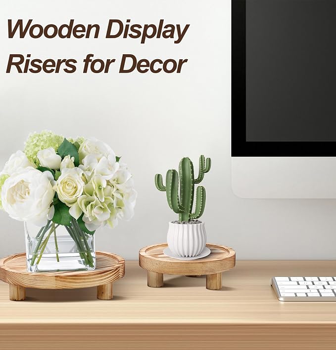 3 Pcs Wood Plant Stand Indoor Outdoor, Wooden Stool Display Stand 5/6/8" Round Riser Flower Pot Holder with Raised Edge Small Planter Tray Modern Potter Decorative for Garden Desktop Home Table Counter Room (Natural)