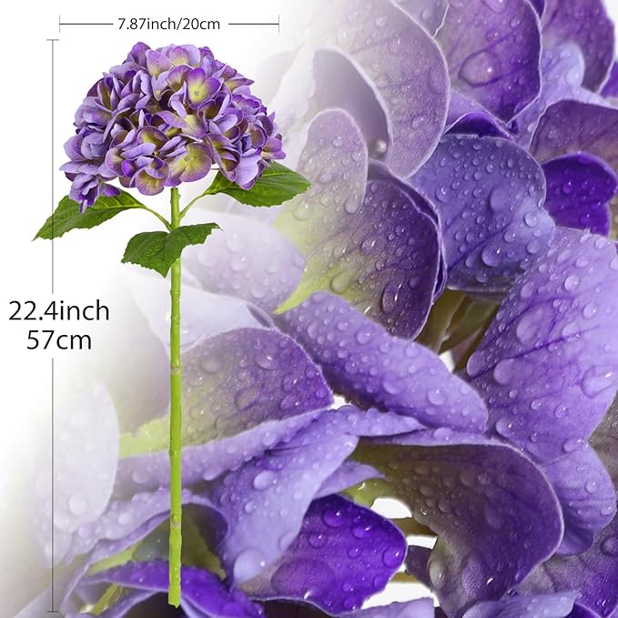 3Pcs Hydrangea Artificial Flowers, 22.44" Real Touch Latex Faux Hydrangea with Long Stems & Leaves for Home Office Decor or Wedding, Party, Centerpieces, Floral Arrangements (Purple)