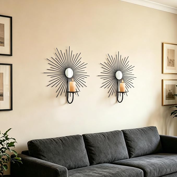 2 Set Candle Sconces Wall Decor for Living Room Metal Sunburst Mirrored Modern Gold Wall-Mounted Candle Holder Sconces Hanging Mounted Fireplace Farmhouse Wedding
