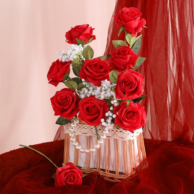 Veryhome Artificial Flowers Silk Roses Fake Bridal Wedding Bouquet for Home Garden Party Floral Decor 10 Pcs (Red Curved stem)