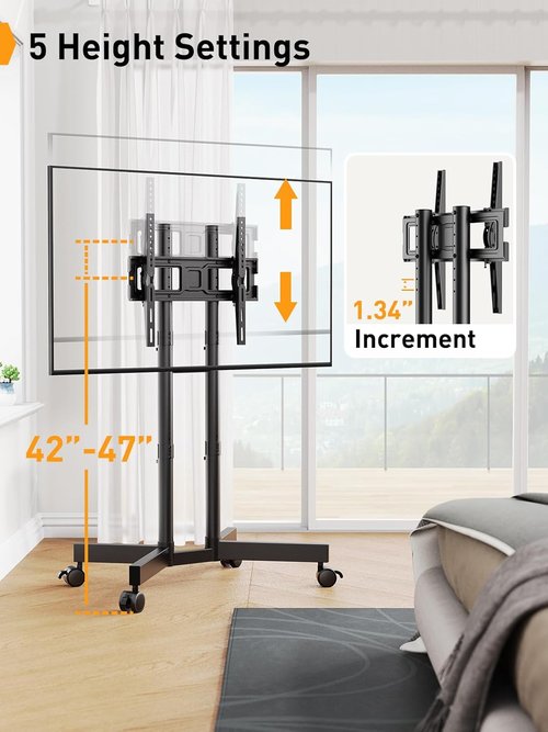 Perlegear Rolling TV Stand - Mobile Cart for 32-75 Inch TVs | Height Adjustable with Tilt & Wheels, Max VESA 400x400mm, 88lbs Capacity