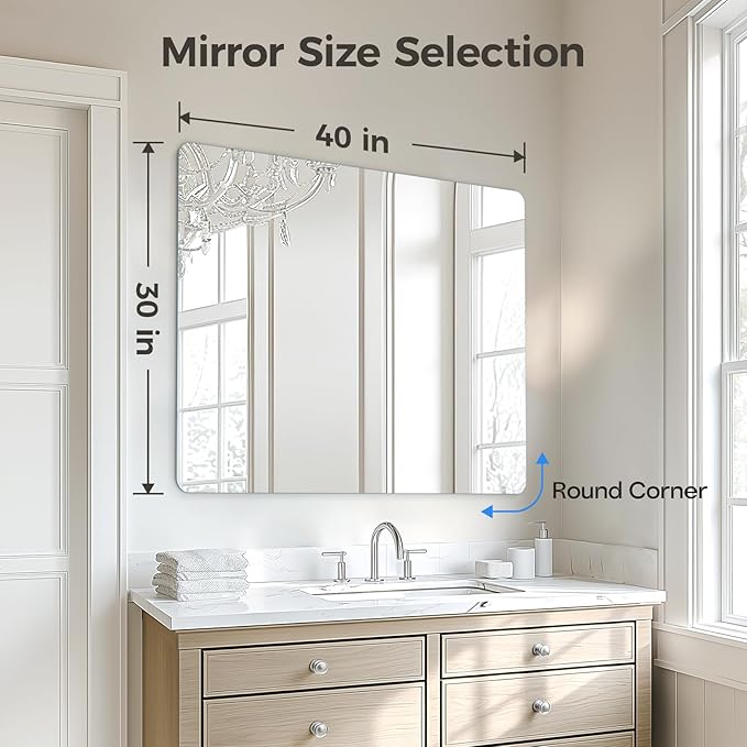 USHOWER 40x30 Inch Large Frameless Bathroom Mirror, Rectangle Wall Vanity Mirror for Bathroom, Bedroom, Entryway, Dining Room, Polished Edge, Tempered Glass