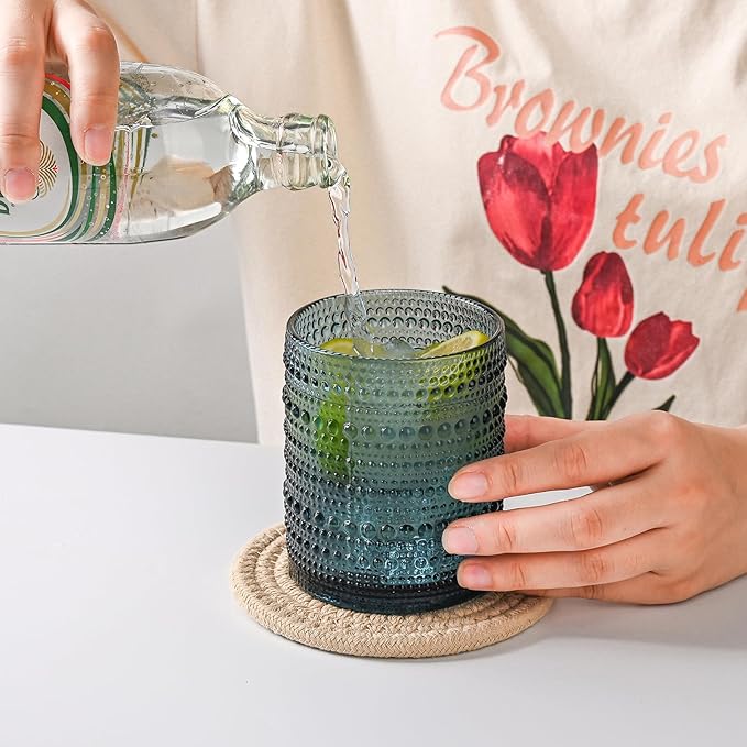ZMOWIPDL Vintage Glassware Drinking Glasses Set of 6,12 oz Hobnail Glass Cups,Embossed Blue Water Tumbler,for Beer,Cocktail,Whiskey,Juice and Various Mixed Drinks- 1 Cleaning Brush