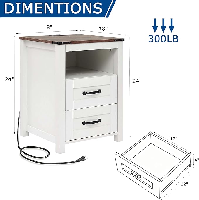 Farmhouse Night Stand Set of 2, Rustic White Nightstand for Bedroom, End Tables with Charging Station, Bedside Table with Drawers, Wood Bedside Cabinet Dresser