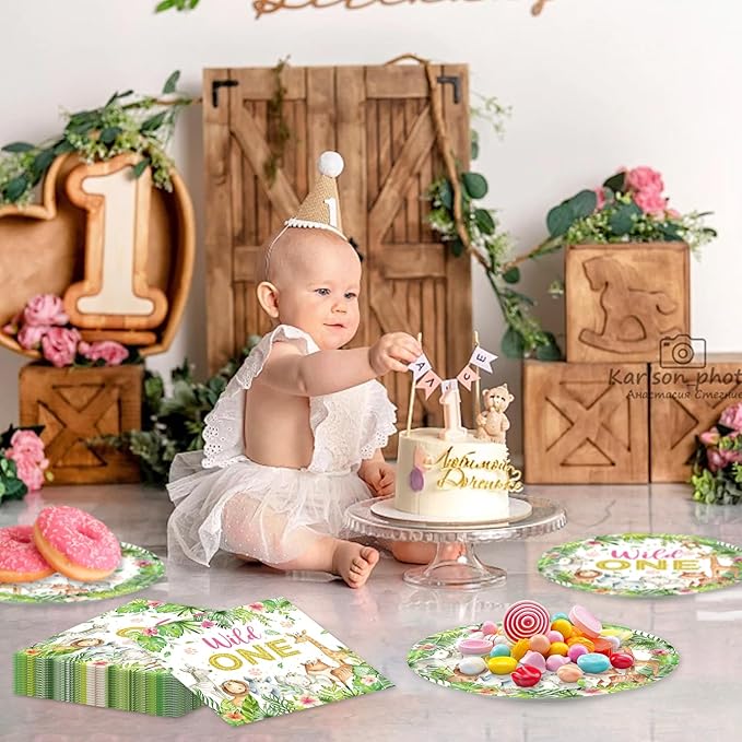 48Pcs Wild Birthday Decorations Plates and Napkins Forks Jungle Safari Animals Party Decorations for 16 Guests Two Wild Animals Birthday Decorations for Girls