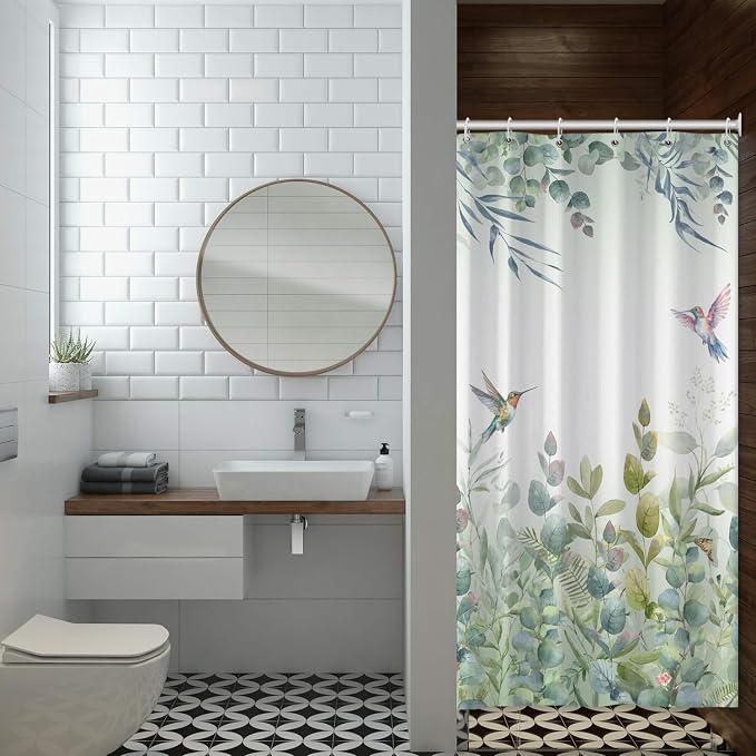 Green Leaf Shower Curtain Colourful Bird Eucalyptus Bathroom Curtain Plant Leaves Botanical Hummingbird Spring Summer Shower Curtain Sets for Bathroom Extra Long 36x72 in with 6 Hooks