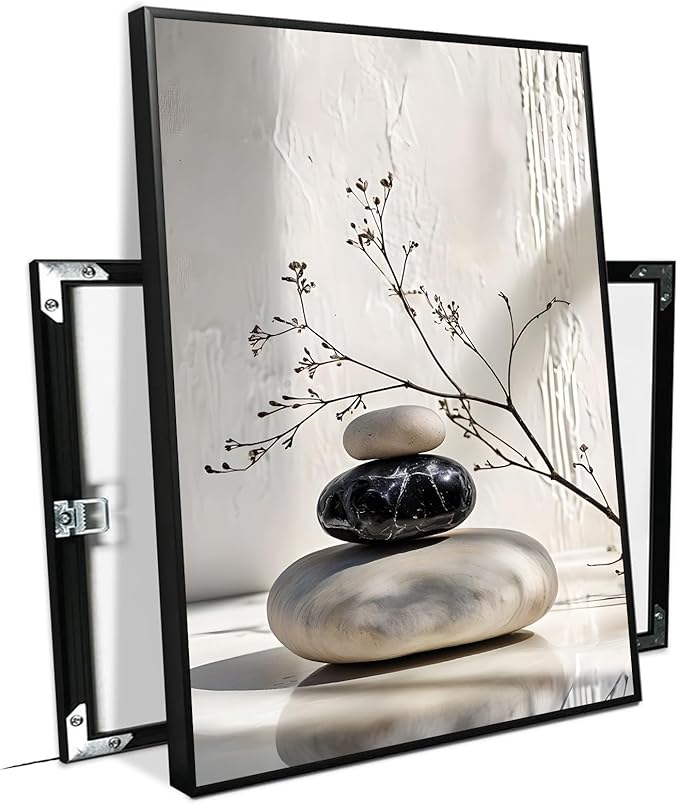 Gray and black stone pile and dried flowers poster canvas wall art in harmony Minimalist wall art for tranquil homes and mindful spaces 12x18in Metal blackFramed