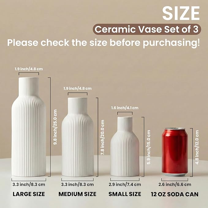 White Ceramic Vases Set of 3, White Ribbed Decorative Vases - Table Centerpieces for Wedding, Living Room, Office & Shelf Decor