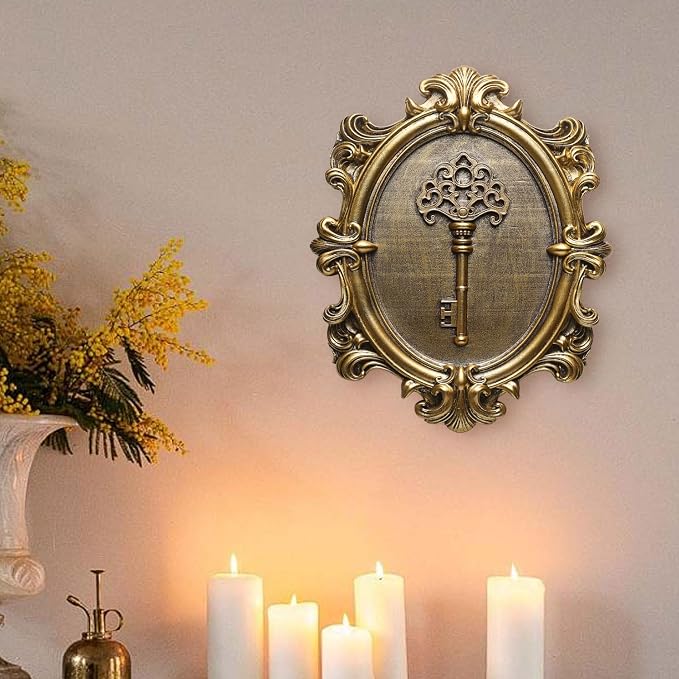 Vintage Key Wall Sculptures 2 Pack Antique Wall Decor Hallway Wall Art for Home Hand Painted Decoration with Embossed Key Design Vintage Decor for Living Room Bedroom Gallery Unique Gifts (Gold keys)