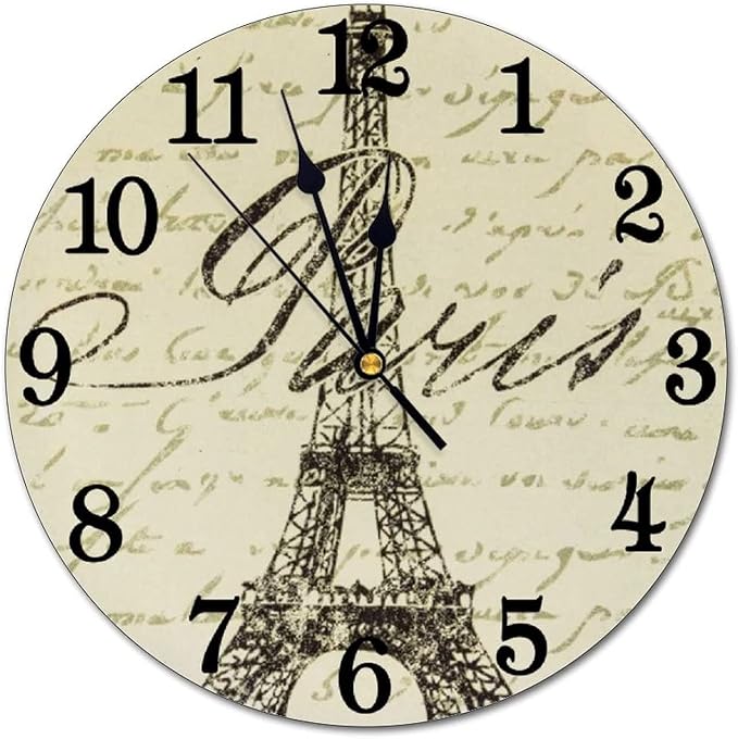Vintage Eiffel Tower Wall Clock Battery Operated Silent Round Clock Paris Theme Wall Decor for Home Office School, 12 Inch