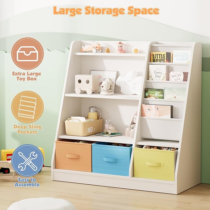 NACHES Kids Bookshelf and Toy Storage Organizer, Montessori Nursery Book Shelves with Sling Rack & Fabric Toy Bins, Toddler Baby Bookcase, Wooden Toy Shelf for Kids Room, Playroom, White-Colorful