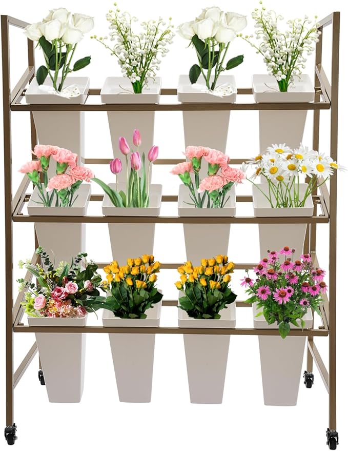 3-Layers Flower Display Stand Metal Plant Holder with 12PCS Buckets Moving Plant Cart Shelf Flower Shelf for Florist Garden Patio,3.28 * 1.84 * 4.04ft (Gold Frame With White Buckets)