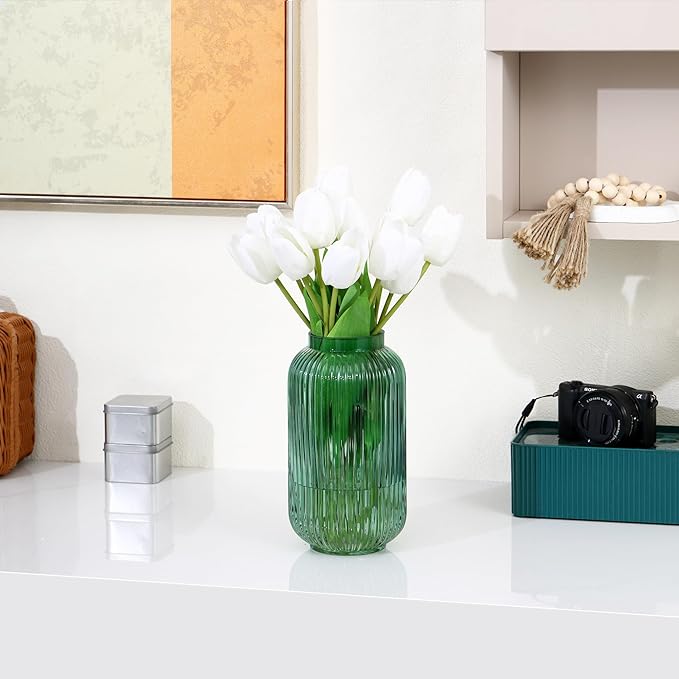 Ribbed Glass Vase, Green Flower Vase for Bouquet, Glass Vases for Flowers, Modern Vases for Living Room, Bedroom, Kitchen, Dining Table, Office, Wedding, 8.6 Inches