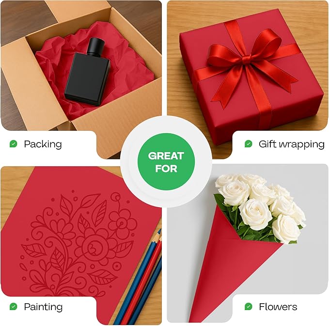 Christmas Red Kraft Paper Rolls 36" x 2160" (180 feet), Pack of 4 - USA-Made Craft Paper Roll 50lb Thickness for Art, Gift Wrapping & Moving - High-Density Roll for School by IDL Packaging