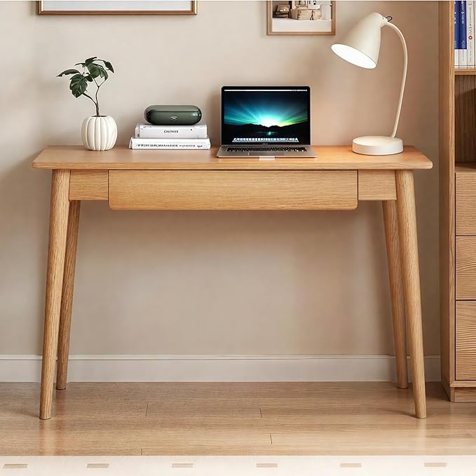 100% Solid Oak Wooden Desk Home Office Desk Mid Century Modern Writing Computer Desk with Drawer for Home Office 31"