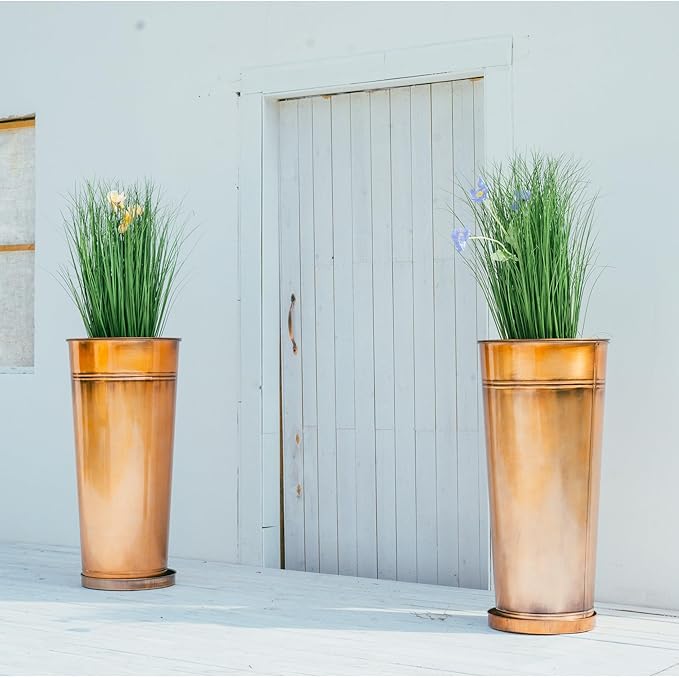 28in Tall Copper Planters Set of 2,Galvanized Steel Tall Outdoor Planter for Indoor/porches- Copper Color(2planters,2inner pots with Holes,2trays)