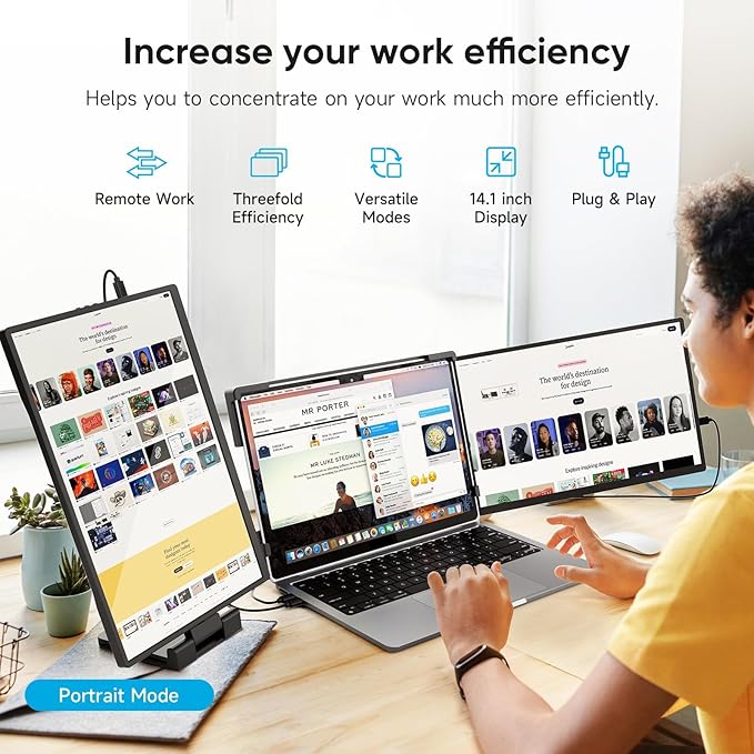 Omiodo 14" Laptop Screen Extender,FHD 1200P IPS Triple Portable Monitor,Dual Travel Screen Plug & Play,Laptop Monitor Extender for 14"-17.3",Compatible with Windows/Mac/Android & Chrome OS