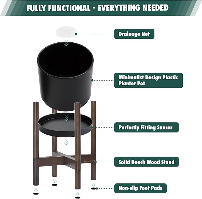 D'vine Dev Planter Pot with Stand - 12 Inch Plastic Cylinder Flower Pot with Wood Planter Holder for Indoor, Matte Black Pot + Walnut Color Stand, 55-C-O-2