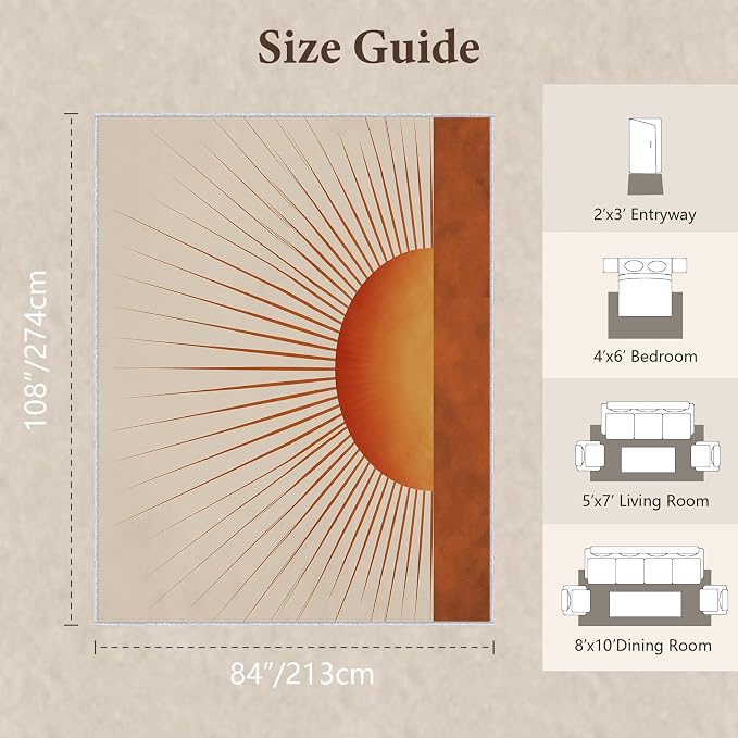 Sunburst Area Rug 7x9, Retro Sun Design Rug, Mid Century Modern Carpet for Living Room Bedroom, Soft Non Slip Washable Area Rug