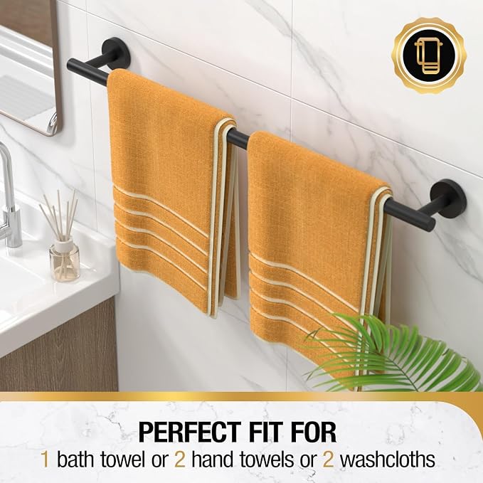 HITSLAM Matte Black 24 Inch Towel Bar for Bathroom, SUS304 Stainless Steel Bathroom Towel Rack Wall Mounted, Modern Home Decor Bath Towel Holder with Hardware Accessories (Total Length 25.7 Inch)