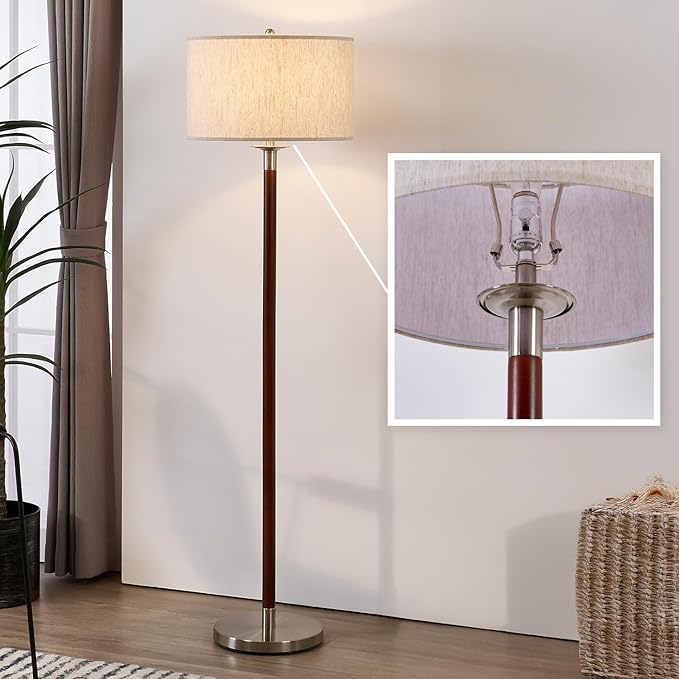 Walnut Brown Modern Floor Lamp for Living Room, Dimmable Tall Standing Lamp with Linen Shade and Bulb, Mid Century Rustic Farmhouse Floor Lamp for Bedroom Office Corner