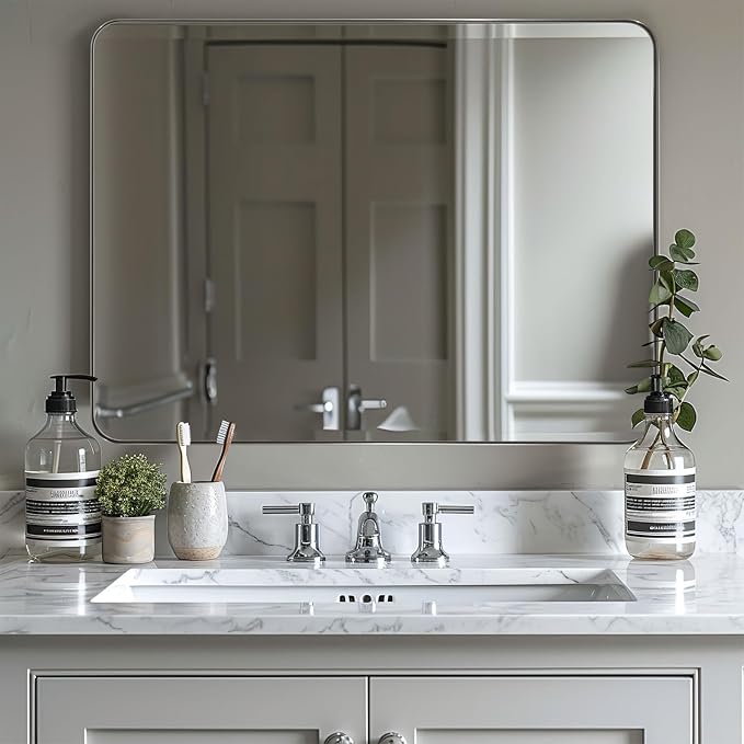 ANDY STAR 36"x48"Chrome Bathroom Mirror, Large Wall Mirror for Bathroom, Rounded Rectangle Mirror in Premium Stainless Steel Metal Frame Hangs Horizontal Or Vertical…