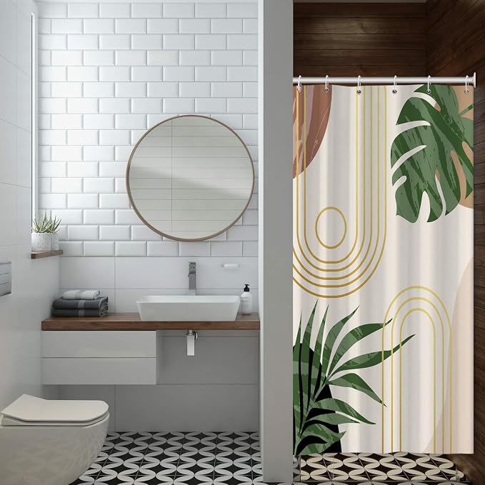 Boho Sage Green Shower Curtain Bohemian Mid Century Geometric Abstract Curve Bathroom Curtain Palm Leaf Polyester Shower Curtain Sets for Bathroom Extra Long 36x72 in with 6 Hooks