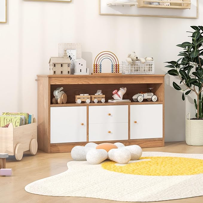 HONEY JOY Kids Toy Storage Organizer, Wooden Floor Storage Cabinet Toy Chest w/Open Shelf, 2 Drawers & 2 Cubbies, Kids Display Bookshelf for Classroom, Playroom & Nursery, Kindergarten (Natural)