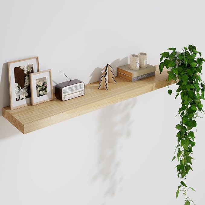 Solid Wood Floating Shelves For Wall, 48”W x 9”D x 1.56”H Large Wall Shelves for Living Room Bedroom Bathroom Kitchen Drcor Storage with Invisible Heavy-Duty Metal Bracket, Natural, Set of 1