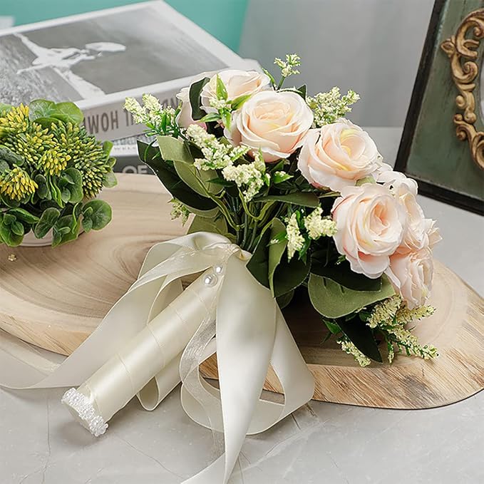 CYANLUX Wedding Bouquets for Bride Bridesmaid Bouquet Champagne White Artificial Roses Flowers for Wedding Valentine's Day Church Home Decoration (1#Champagne)…