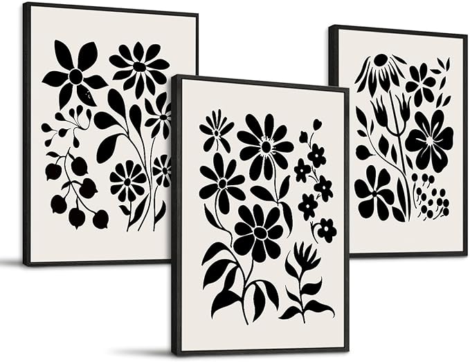 SERIMINO Black and White Wall Art Framed Bedroom Decor Aesthetic, Botanical Floral Canvas Wall Art for Living Room Boho, Set of 3 Flower Market Prints Farmhouse Wall Decor,20 x28 inch