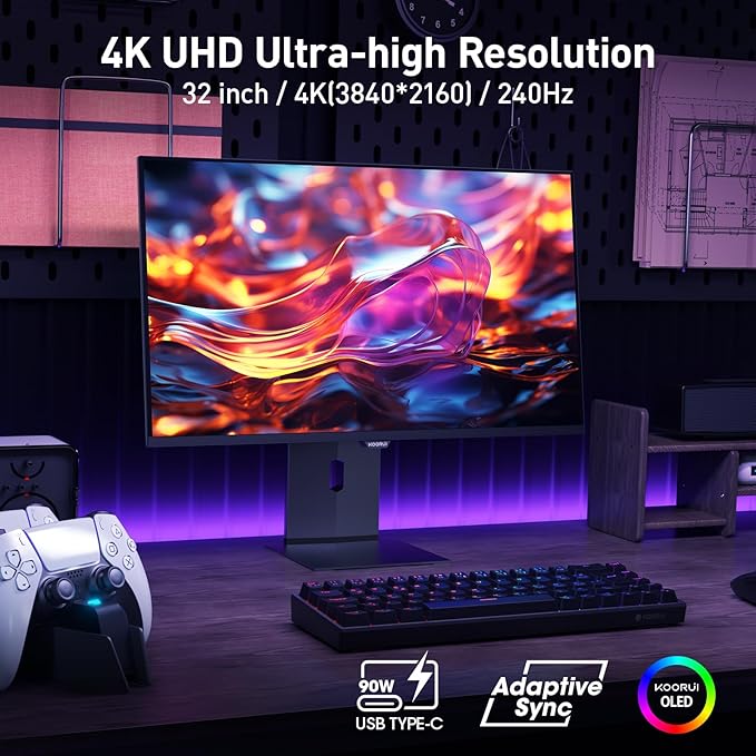 KOORUI 32 Inch 4K OLED Gaming Monitor, UHD 240Hz 0.03ms Computer Monitor, HDR True Black 400, 99% DCI-P3, AdaptiveSync, DisplayPort&HDMI, Tilt/Pivot/Swivel/Height Adjustable, USB Type-C, VESA