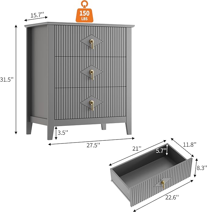 GarveeHome 2Pcs Wood Nightstand Fluted Dresser for Bedroom, 27.5" Wide 3-Drawer Bedside Tables, Modern Chest of Drawers, Storage End Table Living Room, Hallway, Entryway, Grey