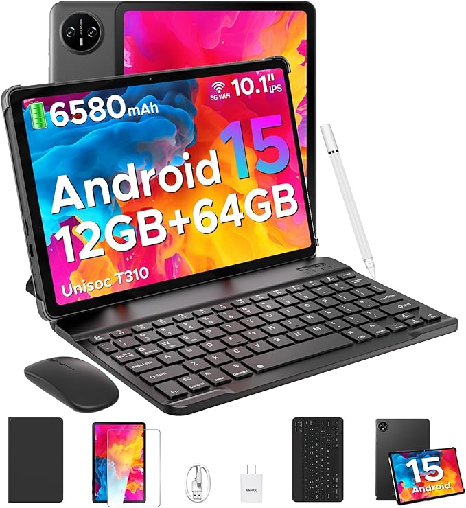 DOOGEE Tab A9 Android Tablet,10 inch Tablet,12GB+64GB/2TB TF,6580mAh Gaming Tablets,2.0GHz Quad Core,1280x800 IPS HD,Dual Speakers,5G WiFi,BT5.0,Face Unlock,Android 15 Tablet with Keyboard,Pen&Mouse