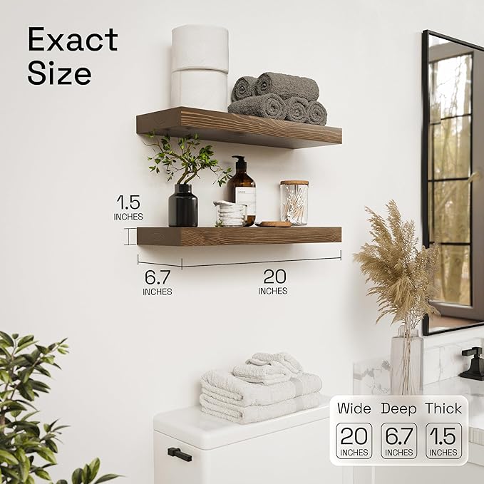 BAOBAB WORKSHOP Wood Floating Shelves for Wall 20 Inch, Solid Real Wooden Bathroom Shelf, Heavy Duty Wall Shelf Mounted 20 in Kitchen Rustic Farmhouse, Walnut Floating Shelves, 20W × 6.7D, Set of 2