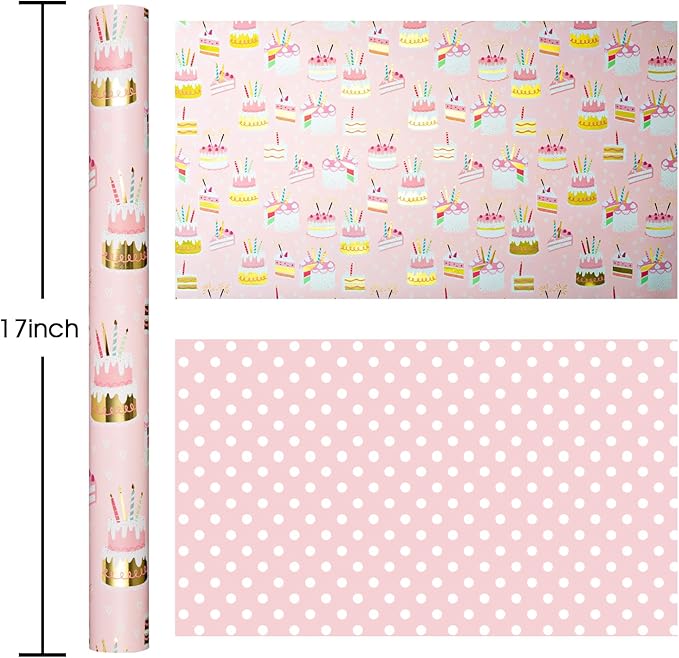 Homeral Pink Birthday Wrapping Paper Roll - 17 In x 33 Ft (46.5 sqft) Gift Wrap with Metallic Foil Cakes, Colorful Candles and Polka Dot Pattern for Girls Birthday, Baby Shower, Party, Valentines Day