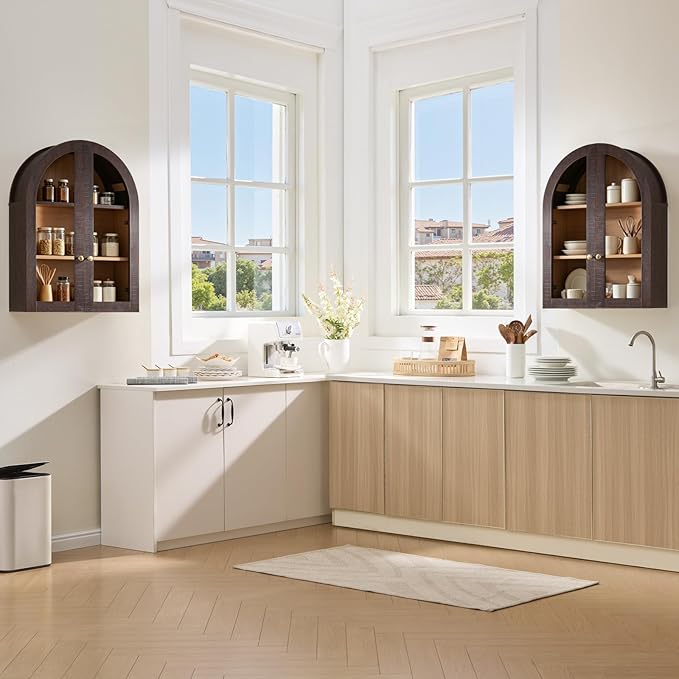 Bathroom Arched Wall Cabinet Over The Toilet Storage Cabinet, 23.5×31.4 Inch bathroom cabinet wall mount with Glass Doors & Adjustable Shelves, Wood Cabinet for Laundry Room, Bedroom Kitchen, Brown