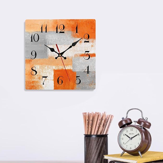 ArtSocket Wooden Wall Clock Silent Non-Ticking, Abstract Orange Grey Geometric Minimalist Checkered Square Rustic Wall Clocks Decor for Home Kitchen Living Room Office, Battery Operated(12 Inch)