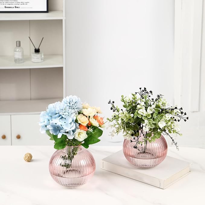 Round Glass Vases, Set of 2 Small Vases for Flowers, Pink Glass Vase for Tulips, Modern Vase for Living Room, Office, Coffee Table, Shelf, Wedding, 5 Inches