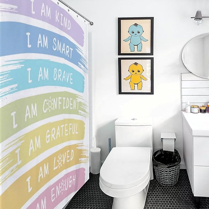 Rainbow Shower Curtain for Girls Bathroom, Kids Baby Boho Cute Inspirational Motivational Quotes Bohemian Cartoon Colorful Pastel Waterproof Fabric Shower Curtain Set with Hooks, 72"x84" Inch