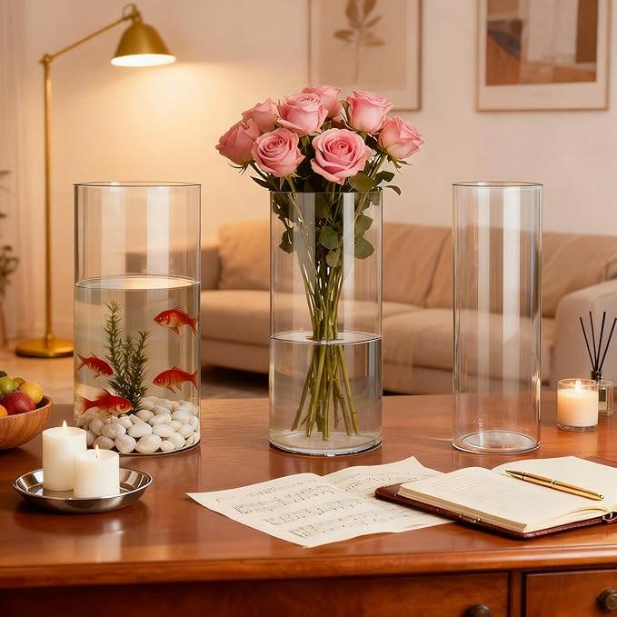 3 Pack Acrylic Cylinder Vases, Non-breakable Vase for Centerpieces, 8 inch Tall Clear Flower Vase Bulk Floating Candle Holder for Wedding Table Home Decor and Party