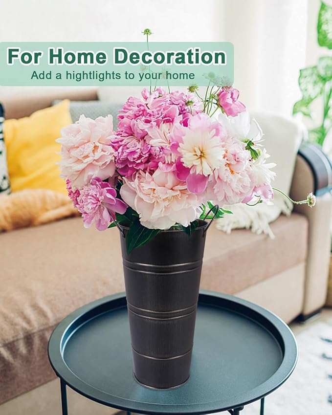 12 Inch Galvanized Metal Vases for Flowers - 6 Pcs Farmhouse Decorative Tall Flower Bucket with Handles, Rustic French Tin Planter Buckets for Wedding Decor (Black)