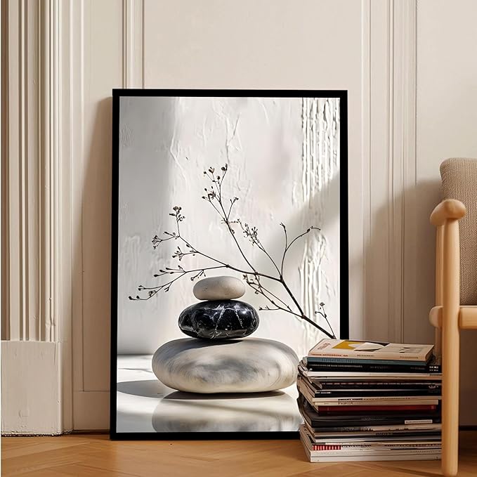 Gray and black stone pile and dried flowers poster canvas wall art in harmony Minimalist wall art for tranquil homes and mindful spaces 12x18in Metal blackFramed
