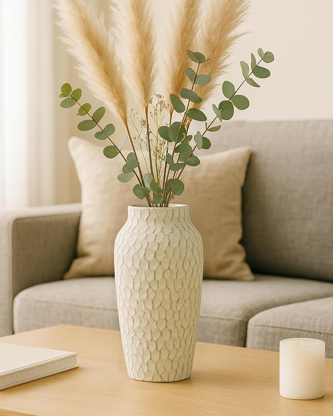 Rustic Beige Ceramic Vase for Flowers, Distressed Textured Vintage Farmhouse Decorative Vase for Pampas Grass, Eucalyptus, Table Centerpiece & Fall Home Decor