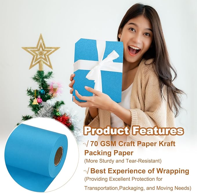 PATIKIL Wrapping Paper, 12" x 800"(66') 70 GSM Craft Paper Roll Kraft Packing Paper for Poster Bulletin Board, Gift Wrapping, Light Blue
